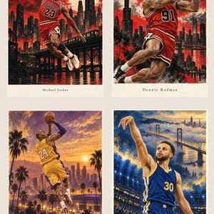 May include: A set of four basketball art prints featuring Michael Jordan in a red Bulls jersey, Dennis Rodman in a red Bulls jersey, Kobe Bryant in a yellow Lakers jersey, and Stephen Curry in a blue Warriors jersey, each with city backgrounds.