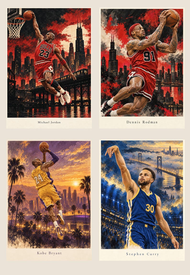 May include: A set of four basketball art prints featuring Michael Jordan in a red Bulls jersey, Dennis Rodman in a red Bulls jersey, Kobe Bryant in a yellow Lakers jersey, and Stephen Curry in a blue Warriors jersey, each with city backgrounds.