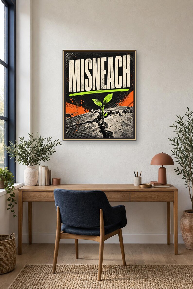 May include: A rectangular framed wall art piece featuring the word MISNEACH in large white capital letters. Below the text, a bright green sprout emerges from a cracked, dark gray textured surface, accented by vibrant orange graphic splashes.