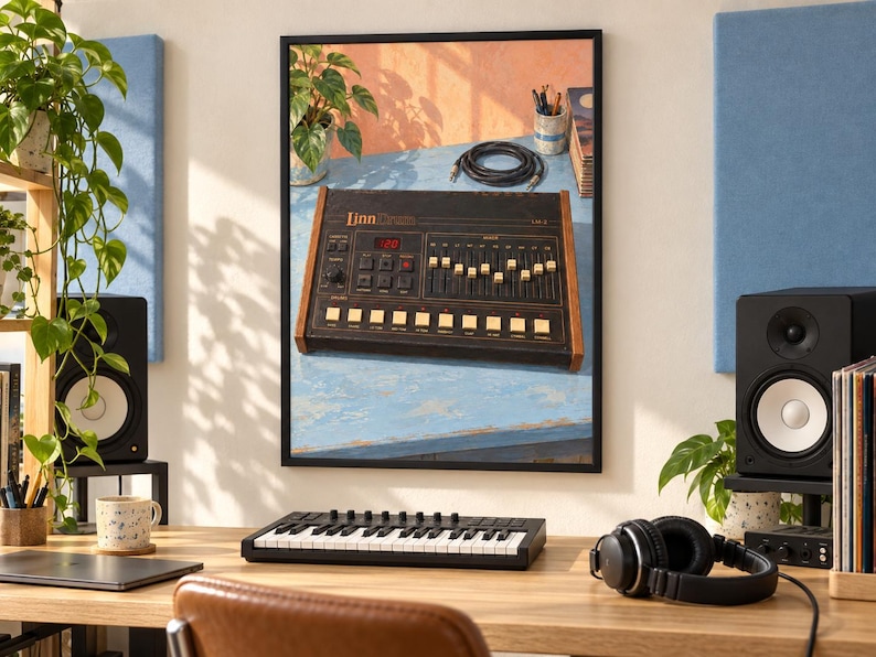 K&ouml;nnte beinhalten: Ein gerahmter Wandkunstdruck einer vintage LinnDrum elektronischen Drum-Machine mit schwarzem Geh&auml;use, Holzseitenteilen und einer Digitalanzeige, die 120 anzeigt, platziert auf einer blauen Oberfl&auml;che mit einem aufgerollten schwarzen Audiokabel.