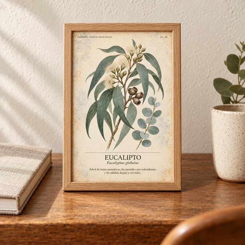 Op de afbeelding: Een ingelijste botanische print met een gedetailleerde illustratie van eucalyptusbladeren, knoppen en zaaddozen op een cr&egrave;mekleurige achtergrond. De tekst luidt "HERBARIO PLANTAS MEDICINALES", "EUCALIPTO", "Eucalyptus globulus" en beschrijvende Spaanse tekst.