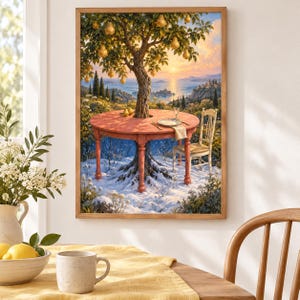K&ouml;nnte beinhalten: Ein gerahmter Wandkunstdruck, der einen runden Holztisch zeigt, der um den Stamm eines Birnbaums gebaut ist. Der Tisch ist mit einem Teller und einer Serviette gedeckt, daneben steht ein Stuhl. Die Szene zeigt einen verschneiten Boden und gelbe Birnen.