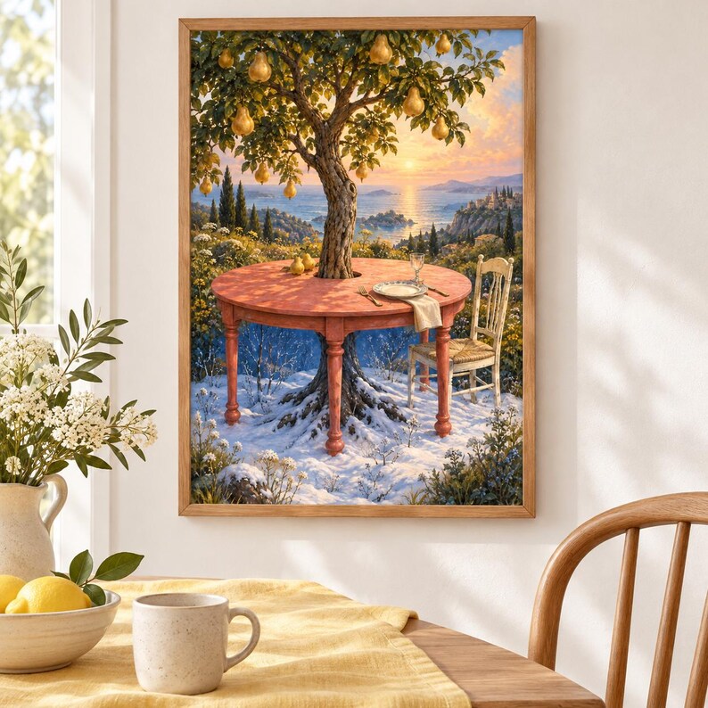 K&ouml;nnte beinhalten: Ein gerahmter Wandkunstdruck, der einen runden Holztisch zeigt, der um den Stamm eines Birnbaums gebaut ist. Der Tisch ist mit einem Teller und einer Serviette gedeckt, daneben steht ein Stuhl. Die Szene zeigt einen verschneiten Boden und gelbe Birnen.