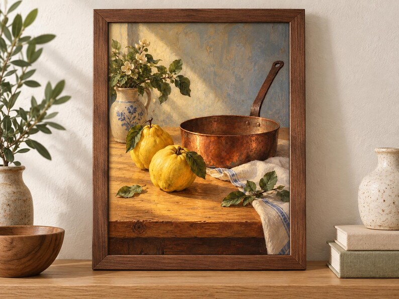 Op de afbeelding: Een ingelijste kunstdruk met een stilleven van twee gele kweeperen, een koperen pan, een keramische kan met blauwe bloemmotieven en een witte doek met blauwe strepen op een houten tafel in het warme zonlicht.