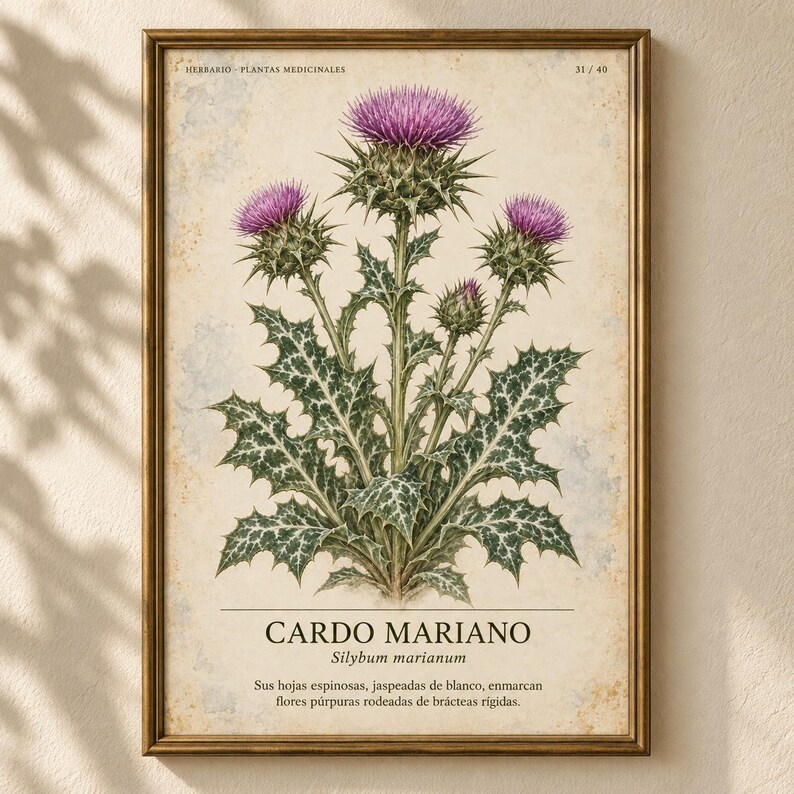 May include: A framed botanical print featuring a Silybum marianum plant with purple thistle flowers and spiky, white-variegated green leaves. The text reads HERBARIO PLANTAS MEDICINALES 31/40, CARDO MARIANO, Silybum marianum, and a Spanish description.