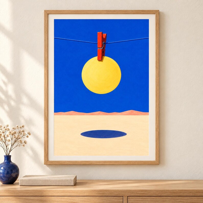 Peut inclure: Une impression d'art encadr&eacute;e repr&eacute;sentant un paysage surr&eacute;aliste avec un cercle jaune vif suspendu par une pince &agrave; linge rouge sur une fine ligne bleue contre un ciel bleu profond, au-dessus d'un sol d&eacute;sertique beige avec une ombre ovale bleue.
