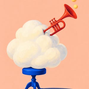 May include: A bright red trumpet emerges from a fluffy white cloud that rests upon a small blue stool. Three yellow spheres float above the trumpet bell against a solid peach background, creating a surreal composition of distinct objects.