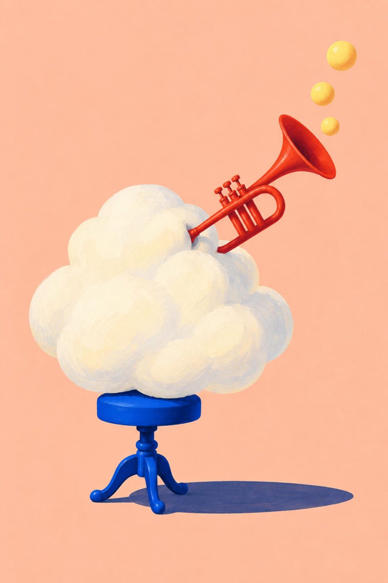 May include: A bright red trumpet emerges from a fluffy white cloud that rests upon a small blue stool. Three yellow spheres float above the trumpet bell against a solid peach background, creating a surreal composition of distinct objects.