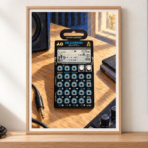 May include: A black Teenage Engineering Pocket Operator synthesizer featuring a Megaman Rockman graphic, a digital LCD screen, two silver rotary knobs, and a grid of sixteen blue-rimmed buttons with white labels, all framed in a light wood border.