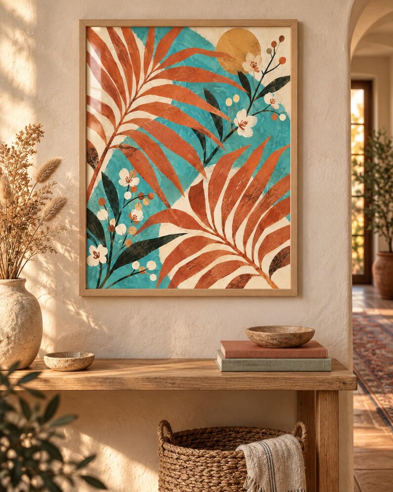 May include: A framed wall art print featuring large rust-colored palm leaves and delicate white flowers against a vibrant turquoise background. The composition includes a golden circular sun element and dark green foliage, all encased in a light wood frame.