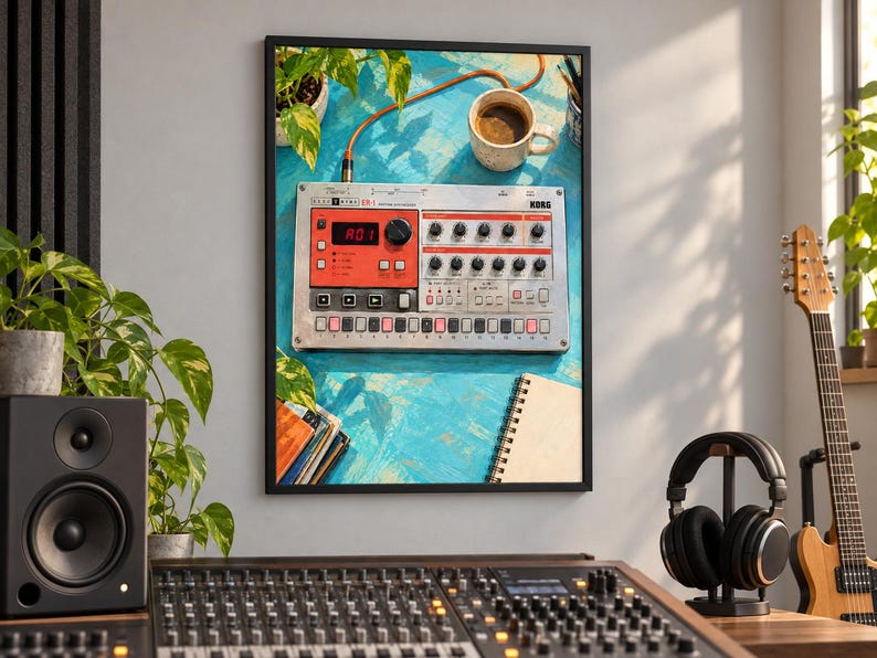 Puede incluir: Una impresi&oacute;n de arte de pared enmarcada que muestra una caja de ritmos Korg Electribe ER-1 plateada sobre una superficie azul texturizada. La imagen incluye una taza de caf&eacute; blanca, un cuaderno de espiral y hojas de plantas verdes alrededor.