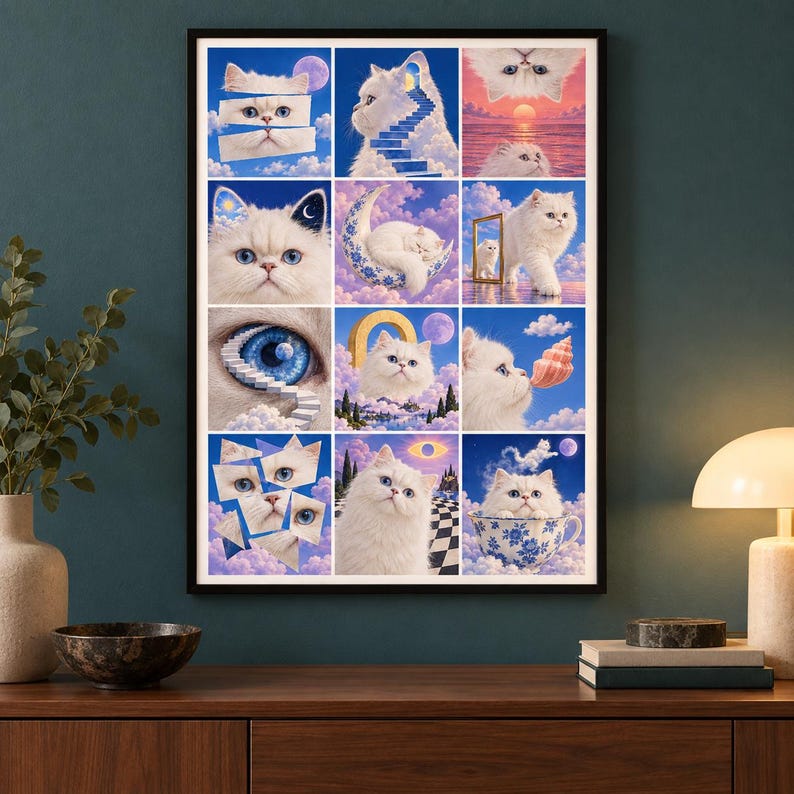 May include: A rectangular wall art print featuring a grid of twelve surreal illustrations of a white fluffy cat. The scenes include the cat with stairs, a crescent moon, a seashell, a teacup, and celestial elements set against blue skies.