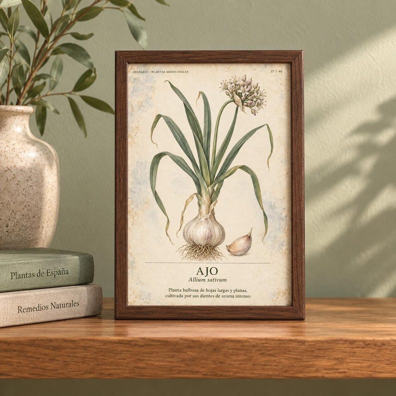 May include: A framed botanical print featuring a detailed illustration of a garlic plant with long green leaves, a bulb, and a single clove. The text reads AJO, Allium sativum, and a description in Spanish. The frame is dark brown wood.