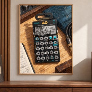 Puede incluir: Un sintetizador de bolsillo negro Teenage Engineering PO-35 speak con una pantalla LCD digital con el texto Form, una cuadr&iacute;cula de diecis&eacute;is botones plateados, dos perillas de color verde azulado y una pesta&ntilde;a superior.