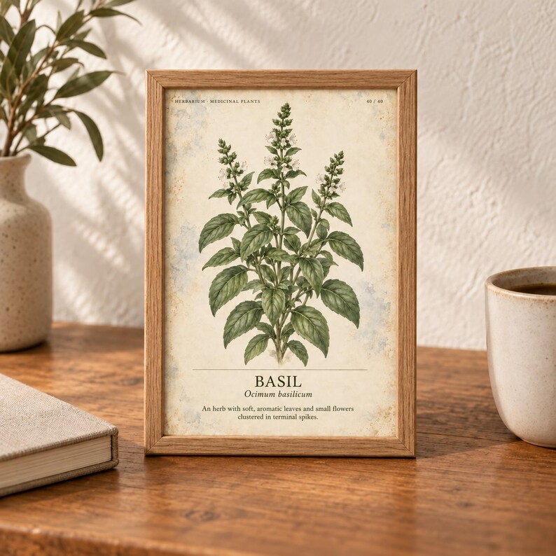 May include: A rectangular wooden frame containing a botanical print of a basil plant. The print features a detailed green illustration of the plant with the text "BASIL Ocimum basilicum" and a description of the herb on a cream-colored background.