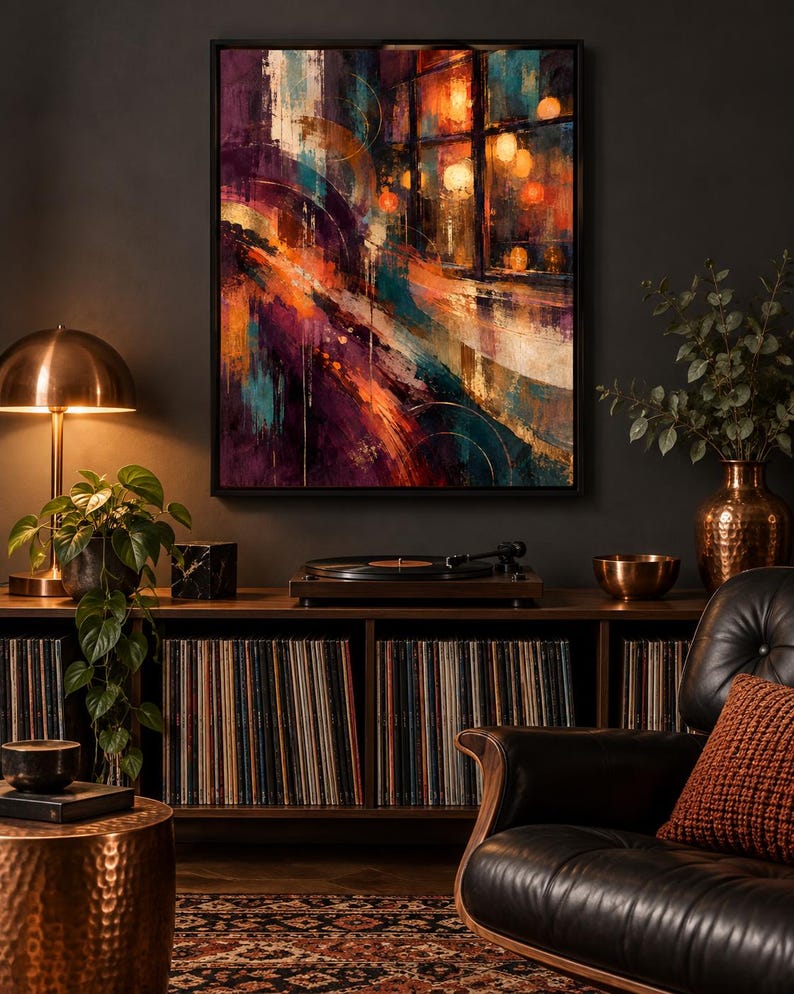 May include: A rectangular framed wall art piece featuring an abstract composition with bold strokes of deep purple, vibrant orange, and teal. The artwork depicts a stylized urban scene with glowing circular light orbs and dark vertical lines.