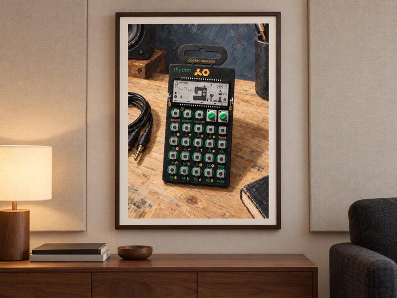 May include: A black Teenage Engineering PO-12 Rhythm pocket operator drum machine and sequencer. The device features a monochrome LCD screen with a sewing machine icon, sixteen numbered buttons, two green rotary knobs, and the text rhythm.
