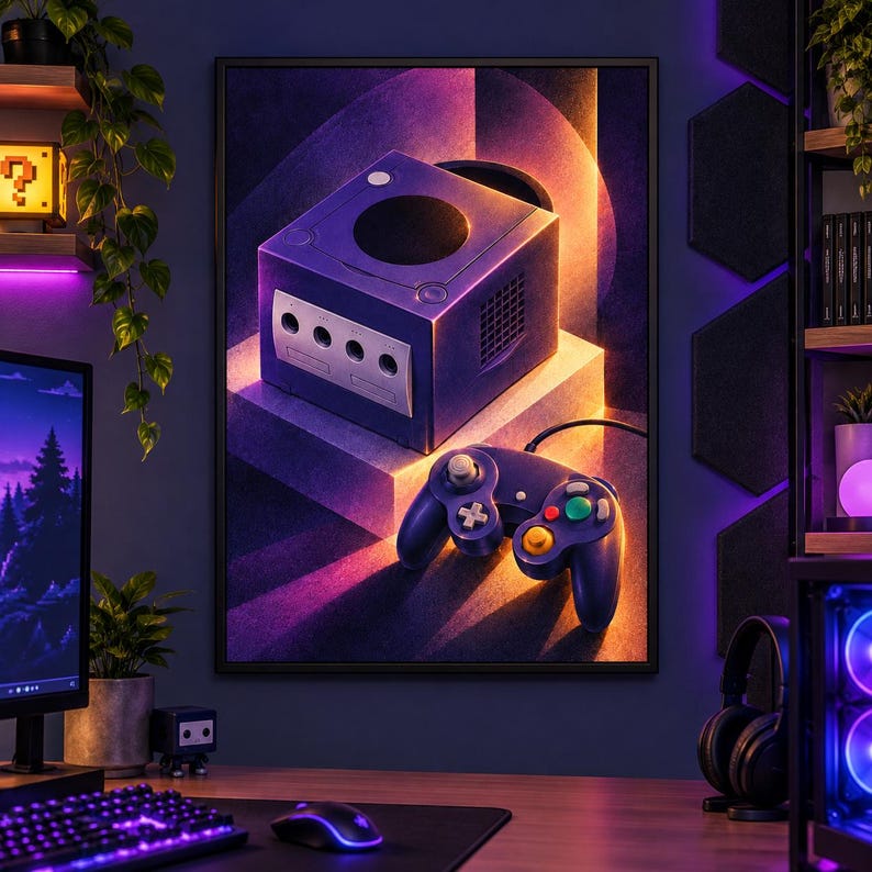 Op de afbeelding: Een ingelijste muurkunstprint met een paarse videogameconsole en een bijpassende controller. De console staat op een geometrisch platform, verlicht door levendig paars en oranje licht, wat zorgt voor een contrastrijke, gestileerde uitstraling.