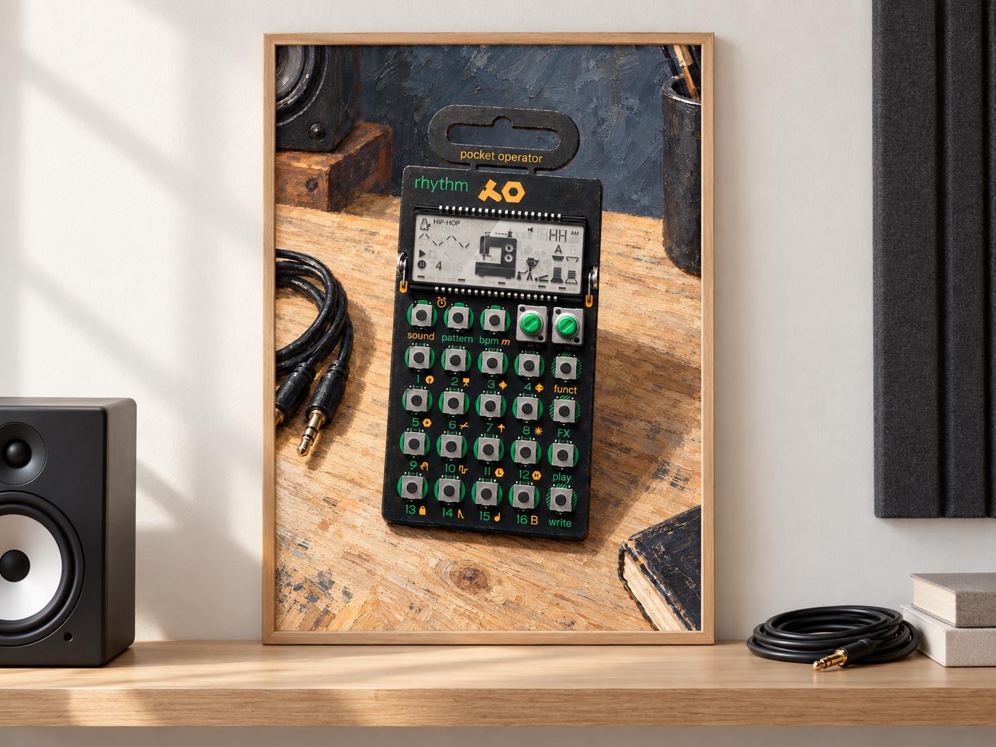 May include: A black pocket operator rhythm drum machine featuring a digital LCD screen with a sewing machine icon, two green rotary knobs, and a grid of sixteen numbered buttons. The device has the text rhythm and pocket operator printed on it.