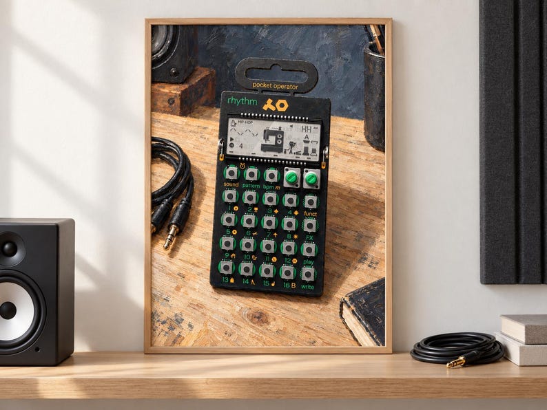 May include: A black pocket operator rhythm drum machine featuring a digital LCD screen with a sewing machine icon, two green rotary knobs, and a grid of sixteen numbered buttons. The device has the text rhythm and pocket operator printed on it.