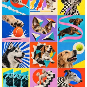 May include: A grid of twelve colourful panels featuring various dog breeds including a greyhound, corgi, dalmatian, dachshund, husky, beagle, golden retriever, and poodle, combined with graphic elements like tennis balls, stairs, and geometric shapes.