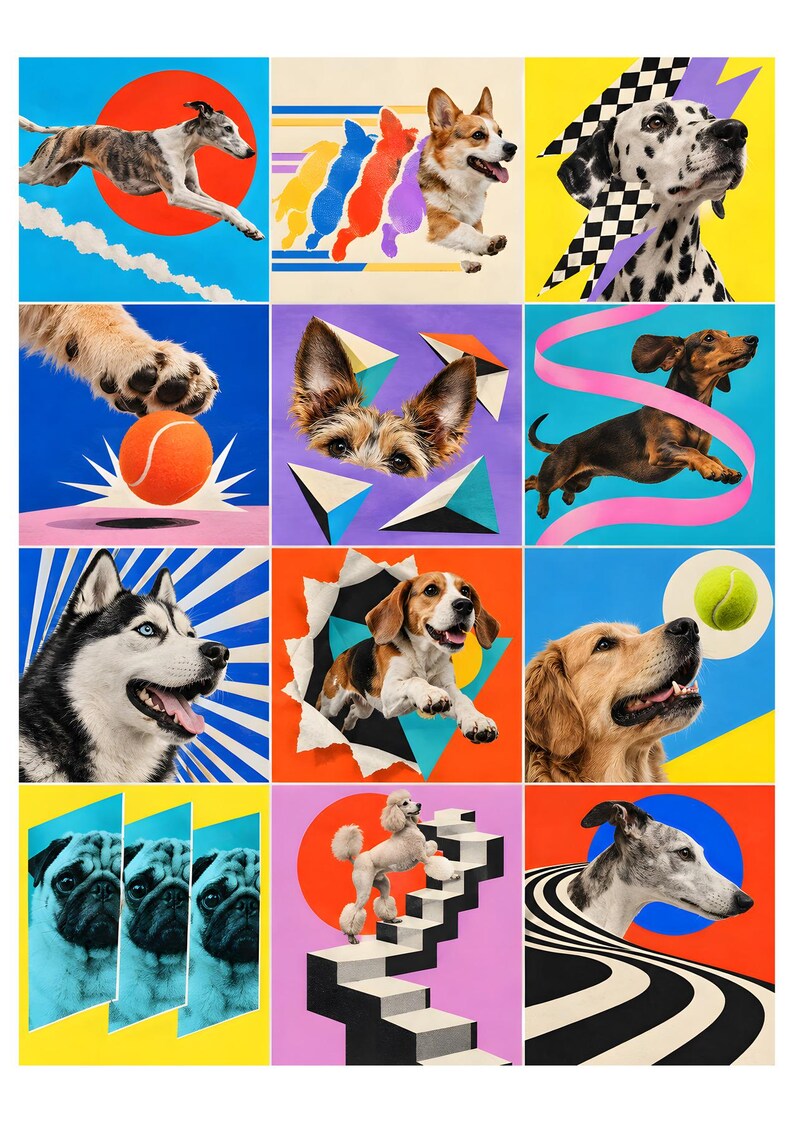 May include: A grid of twelve colourful panels featuring various dog breeds including a greyhound, corgi, dalmatian, dachshund, husky, beagle, golden retriever, and poodle, combined with graphic elements like tennis balls, stairs, and geometric shapes.