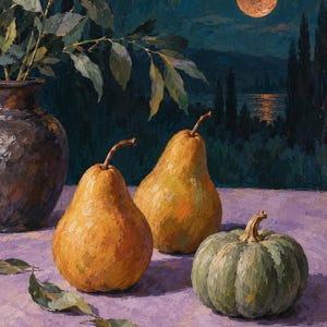 May include: An oil painting depicting two golden yellow pears and a sage green pumpkin on a purple surface. A dark ceramic vase with leafy branches stands to the left. The background shows a night landscape with a full moon over a dark lake.