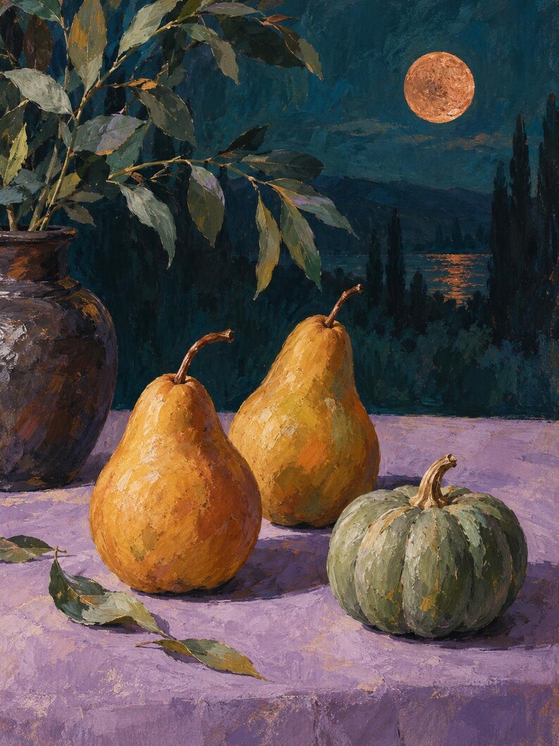 May include: An oil painting depicting two golden yellow pears and a sage green pumpkin on a purple surface. A dark ceramic vase with leafy branches stands to the left. The background shows a night landscape with a full moon over a dark lake.