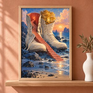 May include: A framed wall art print depicting a surreal scene of two large, light-coloured boots resting on a rocky shoreline. Inside the boots, a staircase leads upward toward a golden forest, with a sunset over the ocean in the background.