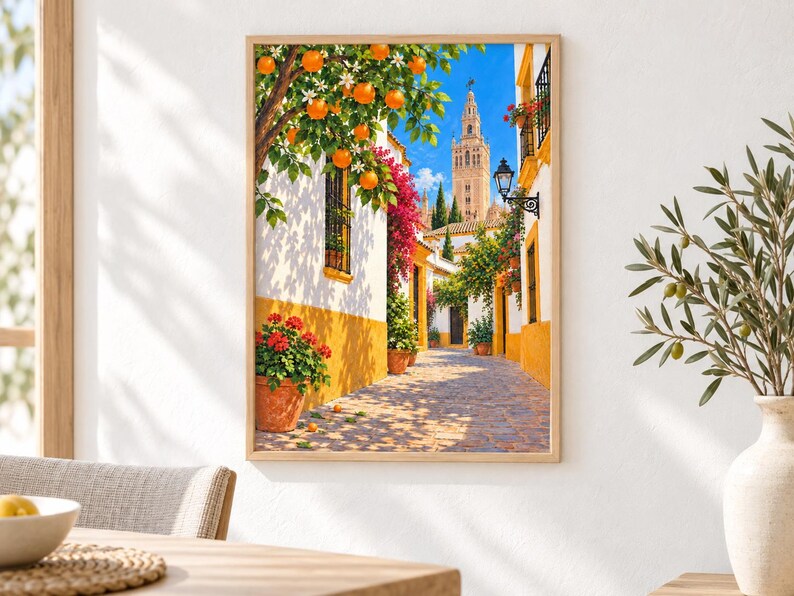 May include: A framed wall art print depicting a sunlit Mediterranean street scene with white buildings featuring yellow trim, vibrant orange trees, pink bougainvillea, terracotta pots with red flowers, and a tall stone bell tower under a blue sky.