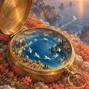 May include: A brass pocket compass with an open lid, featuring a miniature coastal landscape inside the dial. The scene depicts a circular formation of white birds flying over a blue bay, surrounded by rocky cliffs, trees, and orange flowers.