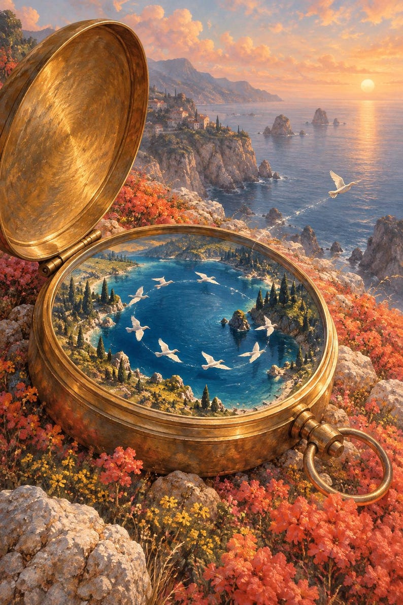 May include: A brass pocket compass with an open lid, featuring a miniature coastal landscape inside the dial. The scene depicts a circular formation of white birds flying over a blue bay, surrounded by rocky cliffs, trees, and orange flowers.