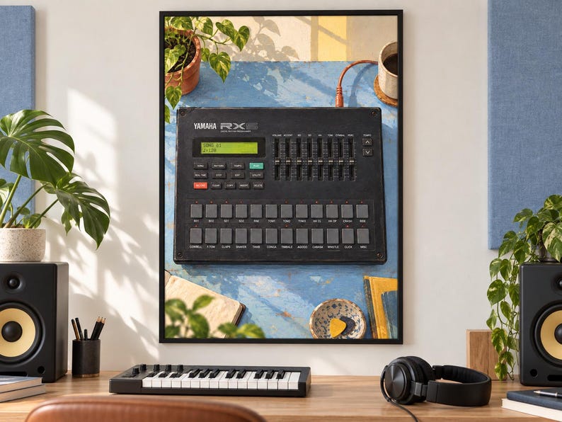 Pode incluir: Uma caixa de ritmos digital Yamaha RX5 preta com um ecr&atilde; LCD verde, m&uacute;ltiplos bot&otilde;es de controlo quadrados e uma s&eacute;rie de faders verticais. O dispositivo &eacute; apresentado numa impress&atilde;o emoldurada, exibindo a sua interface e disposi&ccedil;&atilde;o.