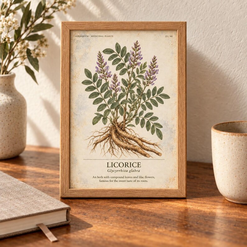 May include: A framed botanical print featuring a detailed illustration of a licorice plant with green leaves, purple flowers, and brown roots. The text reads: HERBARIUM MEDICINAL PLANTS, LICORICE, Glycyrrhiza glabra, An herb with compound leaves and lilac flowers, famous for the sweet taste of its roots.