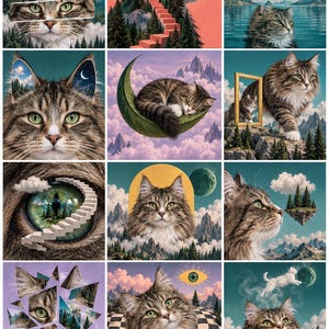 May include: A collage of twelve surreal digital illustrations featuring a brown tabby cat integrated into various landscapes, including mountains, forests, a crescent moon, a teacup, and abstract geometric patterns with celestial elements.