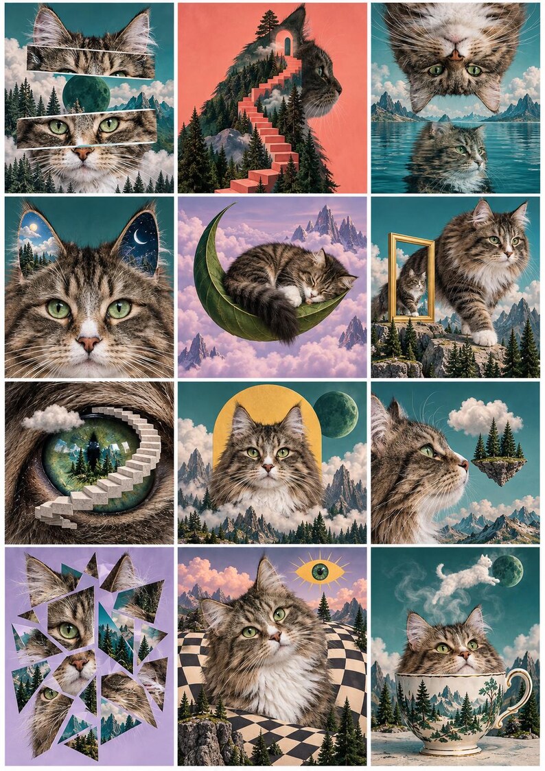 May include: A collage of twelve surreal digital illustrations featuring a brown tabby cat integrated into various landscapes, including mountains, forests, a crescent moon, a teacup, and abstract geometric patterns with celestial elements.