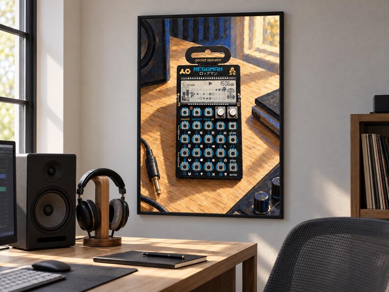 May include: A black Teenage Engineering Pocket Operator synthesizer featuring a Megaman graphic, a digital LCD screen, multiple circular buttons, and two silver knobs. The device is displayed in a black frame, showcasing its compact design.