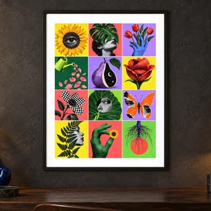 Pu&ograve; includere: Una stampa artistica da parete incorniciata che presenta una griglia di dodici pannelli con immagini collage surrealiste. I pannelli mostrano illustrazioni vivaci tra cui un girasole con un occhio, una persona dietro una foglia di monstera.