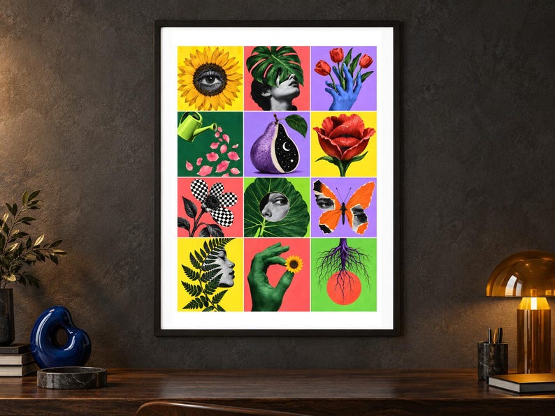 Pu&ograve; includere: Una stampa artistica da parete incorniciata che presenta una griglia di dodici pannelli con immagini collage surrealiste. I pannelli mostrano illustrazioni vivaci tra cui un girasole con un occhio, una persona dietro una foglia di monstera.