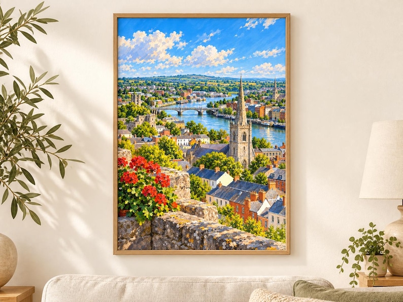 May include: A framed vertical wall art print depicting a scenic town landscape with a river, a stone church spire, and lush green trees under a bright blue sky with white clouds. In the foreground, vibrant red flowers bloom on a stone wall.
