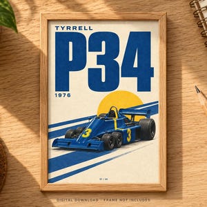 Pu&ograve; includere: Una stampa artistica incorniciata raffigurante un'auto da corsa di Formula 1 Tyrrell P34 blu del 1976. Il design include il testo TYRRELL P34 1976, un cerchio giallo e strisce diagonali blu su sfondo crema in una cornice di legno chiaro.
