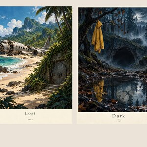 May include: Two rectangular art prints. The left print shows a crashed aeroplane on a tropical beach with a metal bunker door. The text below reads Lost 2004. The right print shows a yellow raincoat hanging in a dark forest near a cave, with a clock reflection in a puddle. The text below reads Dark 2017.
