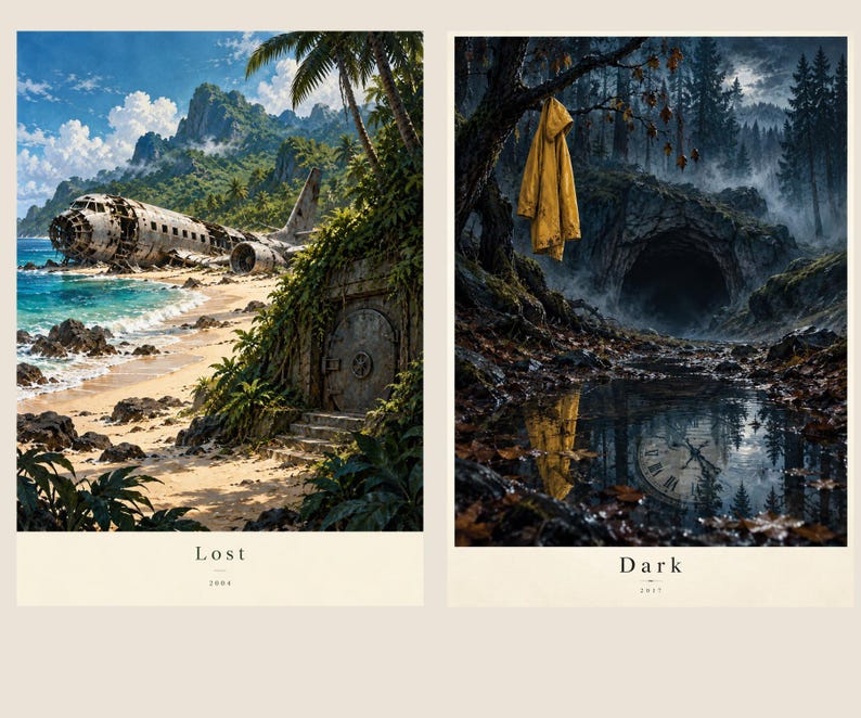 May include: Two rectangular art prints. The left print shows a crashed aeroplane on a tropical beach with a metal bunker door. The text below reads Lost 2004. The right print shows a yellow raincoat hanging in a dark forest near a cave, with a clock reflection in a puddle. The text below reads Dark 2017.