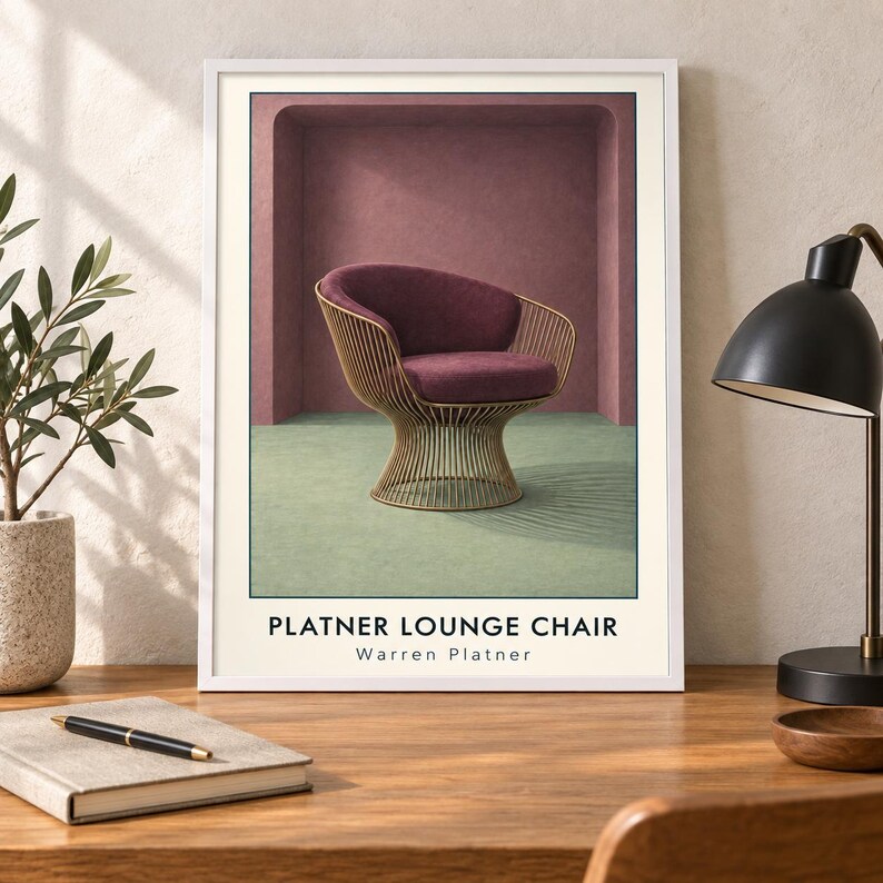 May include: A framed art print featuring a Platner lounge chair with a deep purple upholstered seat and a gold-toned wire base. The chair is set against a mauve arched wall and a light green floor. The text reads PLATNER LOUNGE CHAIR Warren Platner.