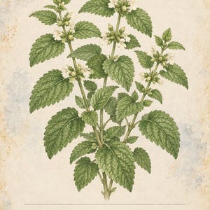 May include: A botanical illustration of a Melissa officinalis plant featuring serrated green leaves and small white flowers on a textured beige background. The text reads HERBARIO PLANTAS MEDICINALES 07/40, MELISA, Melissa officinalis, and a description.