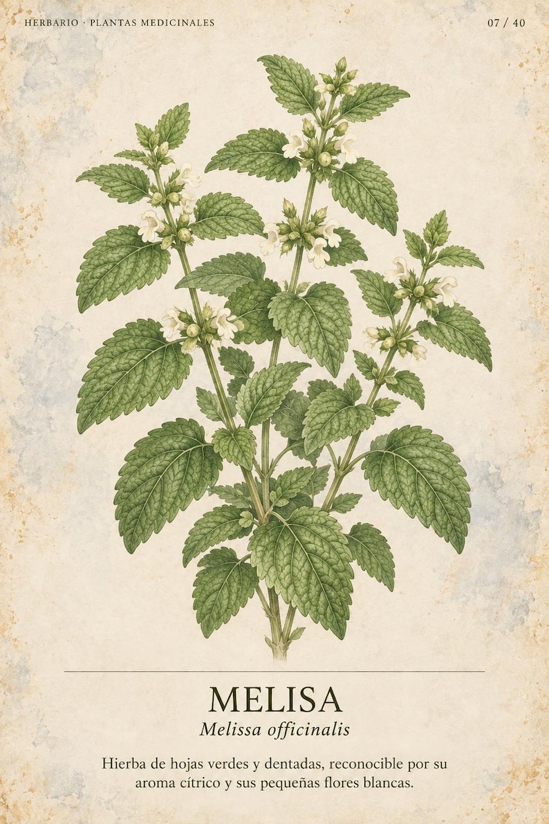 May include: A botanical illustration of a Melissa officinalis plant featuring serrated green leaves and small white flowers on a textured beige background. The text reads HERBARIO PLANTAS MEDICINALES 07/40, MELISA, Melissa officinalis, and a description.