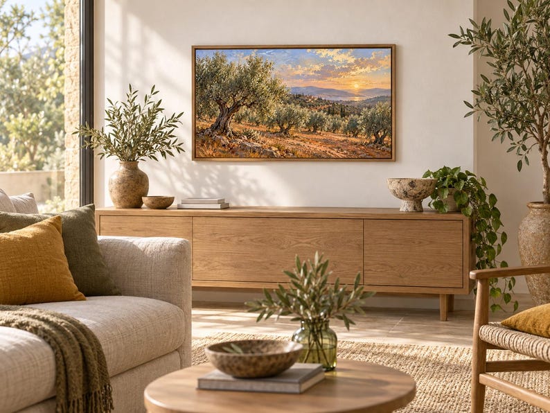 May include: A rectangular landscape painting in a thin wooden frame depicting an olive grove at sunset with rolling hills and a distant body of water under a soft orange and blue sky, mounted on a light-coloured wall above a wooden media console.