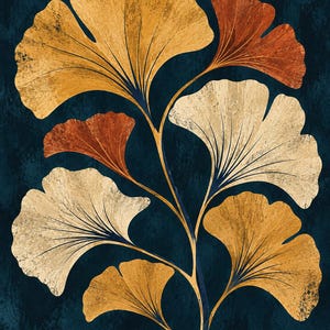 May include: A vertical wall art print featuring a central stem with multiple ginkgo biloba leaves in shades of golden yellow, burnt orange, and cream. The leaves have a textured, weathered appearance and are set against a dark navy blue background.