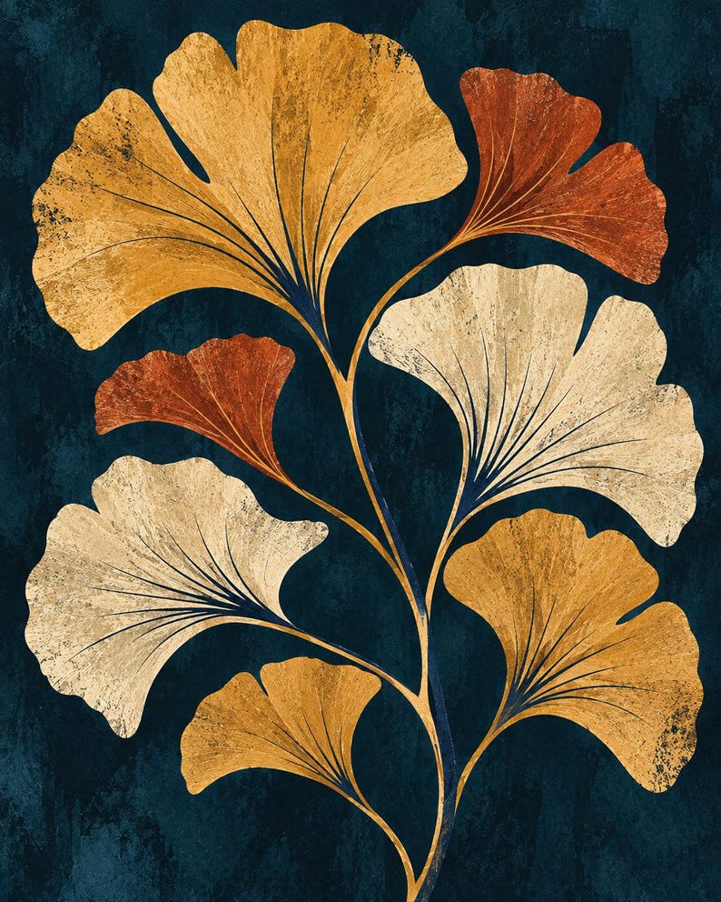 May include: A vertical wall art print featuring a central stem with multiple ginkgo biloba leaves in shades of golden yellow, burnt orange, and cream. The leaves have a textured, weathered appearance and are set against a dark navy blue background.
