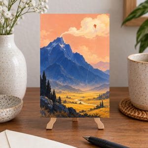 May include: A rectangular art print on a wooden easel featuring a landscape painting of a blue mountain range with snow-capped peaks, a golden yellow valley with a winding river, dark evergreen trees, and a small red kite flying in an orange sky.